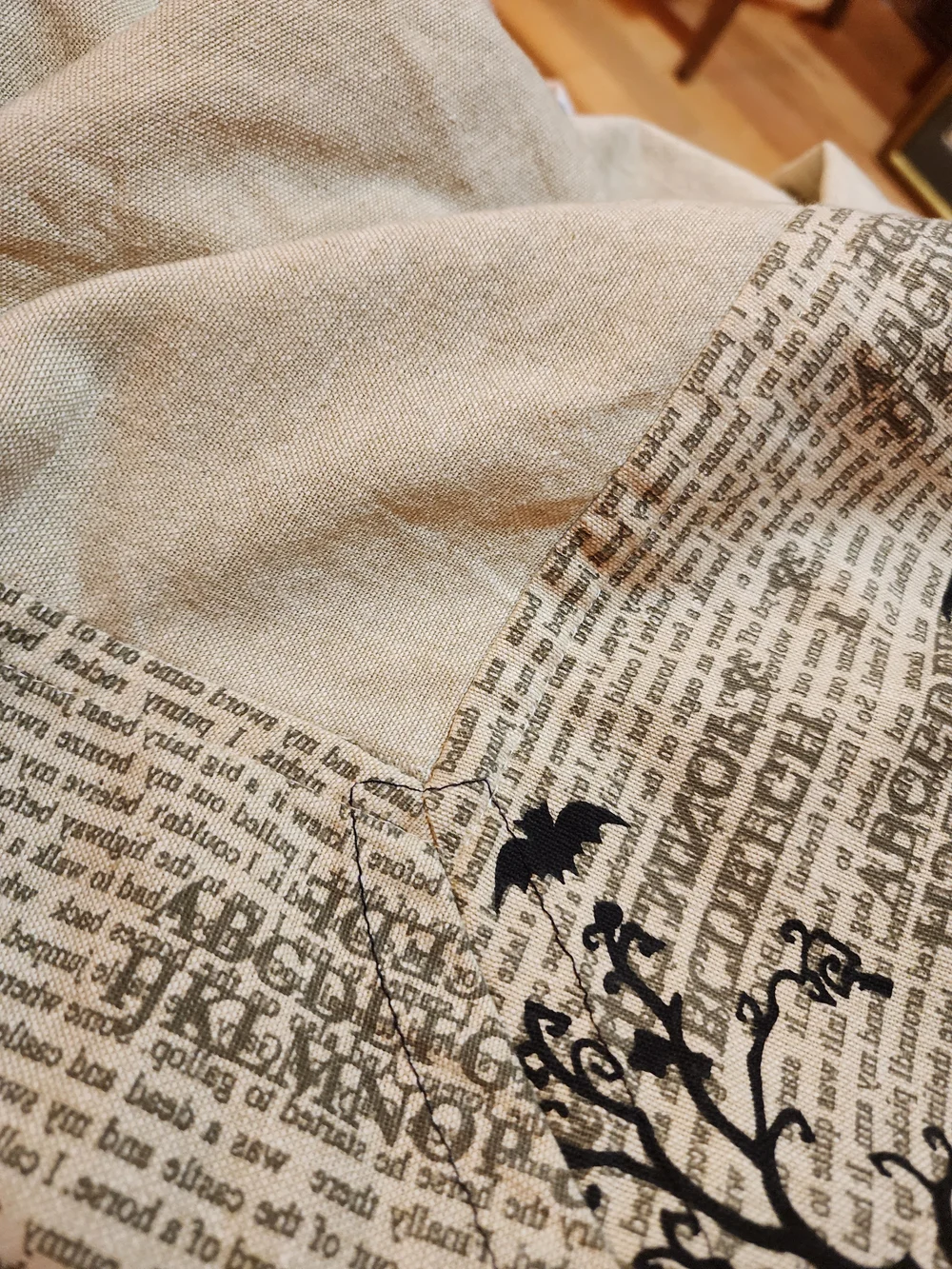 Beige and Black Halloween Dinner Table Cloth Vintage Print Witches Bats Trees